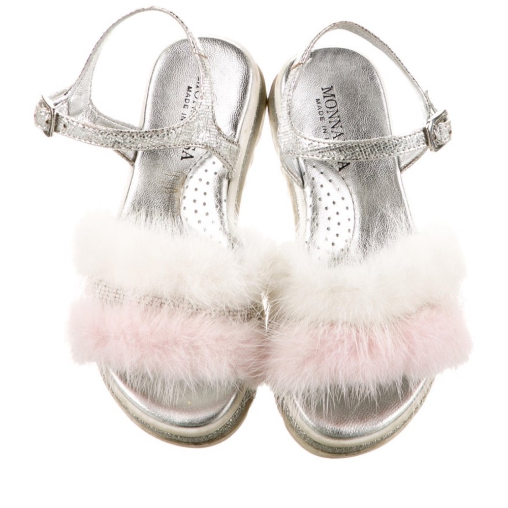 MonnaLisa Girl’s Embellished Sandals with Mink Fur & Crystal trim, Size 10